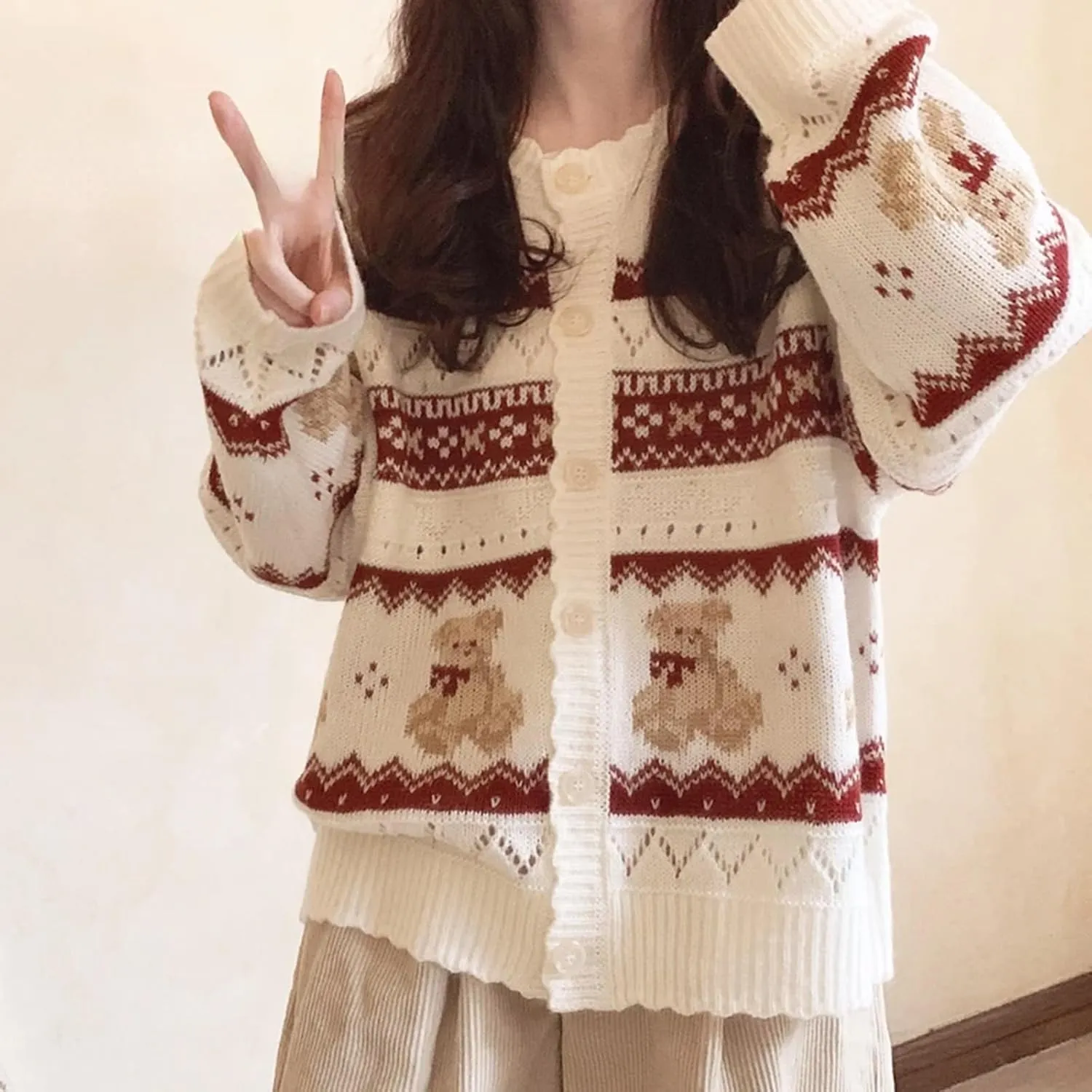 Y2k Knit Cardigans for Women Cute Bear Bow Long Sleeve Crewneck Sweater Button Down Casual Fall Tops Knitwear