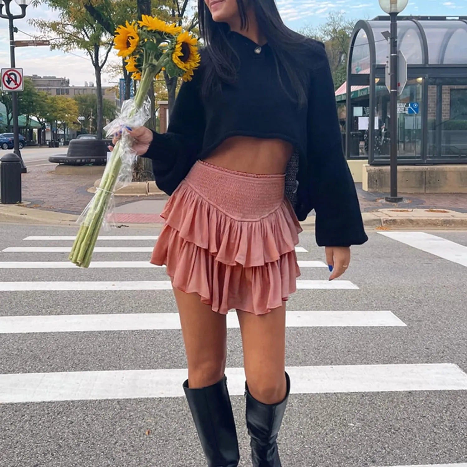 Yuemengxuan Pleated Skirts for Women High Waist Tennis Skorts Ruffle Flowy Summer Skater Skirt Workout Mini Skirt