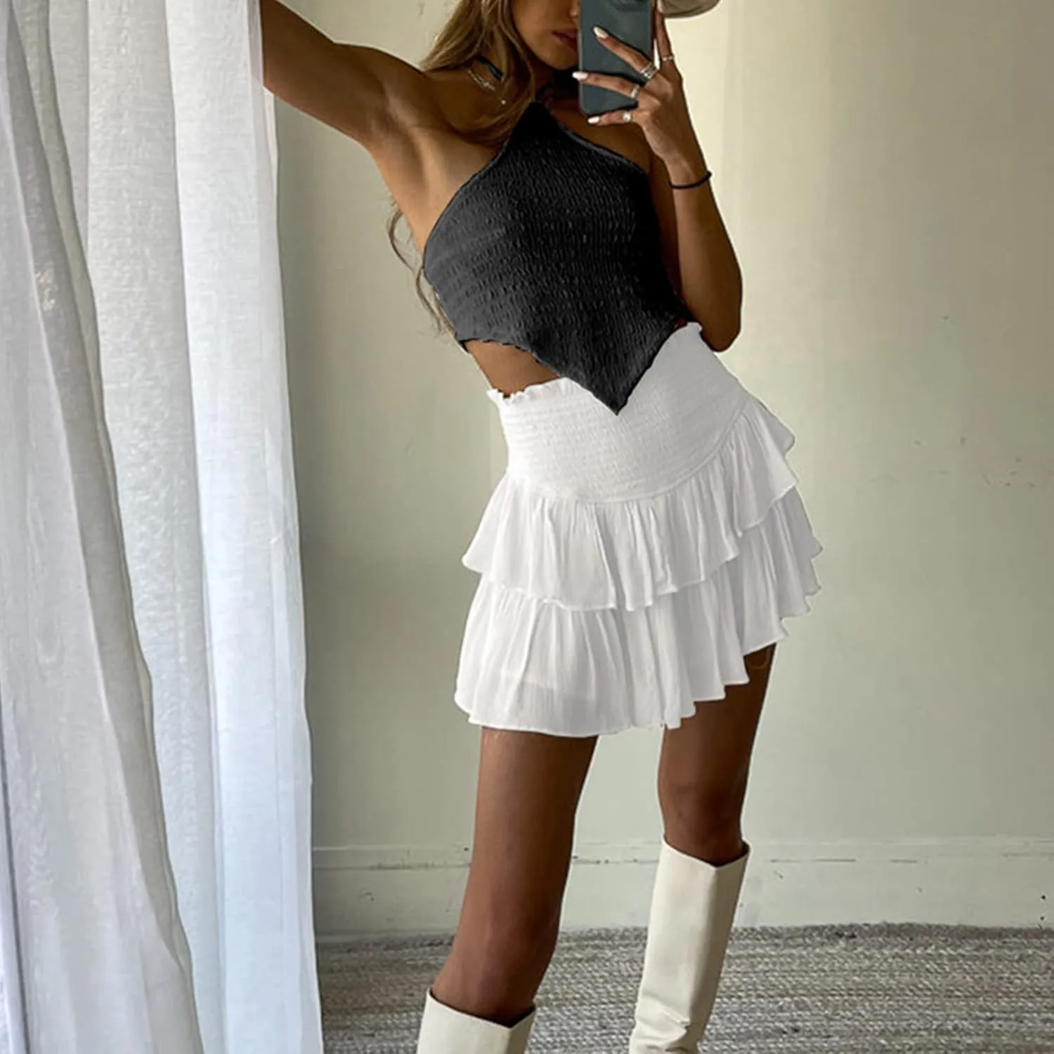 Yuemengxuan Pleated Skirts for Women High Waist Tennis Skorts Ruffle Flowy Summer Skater Skirt Workout Mini Skirt