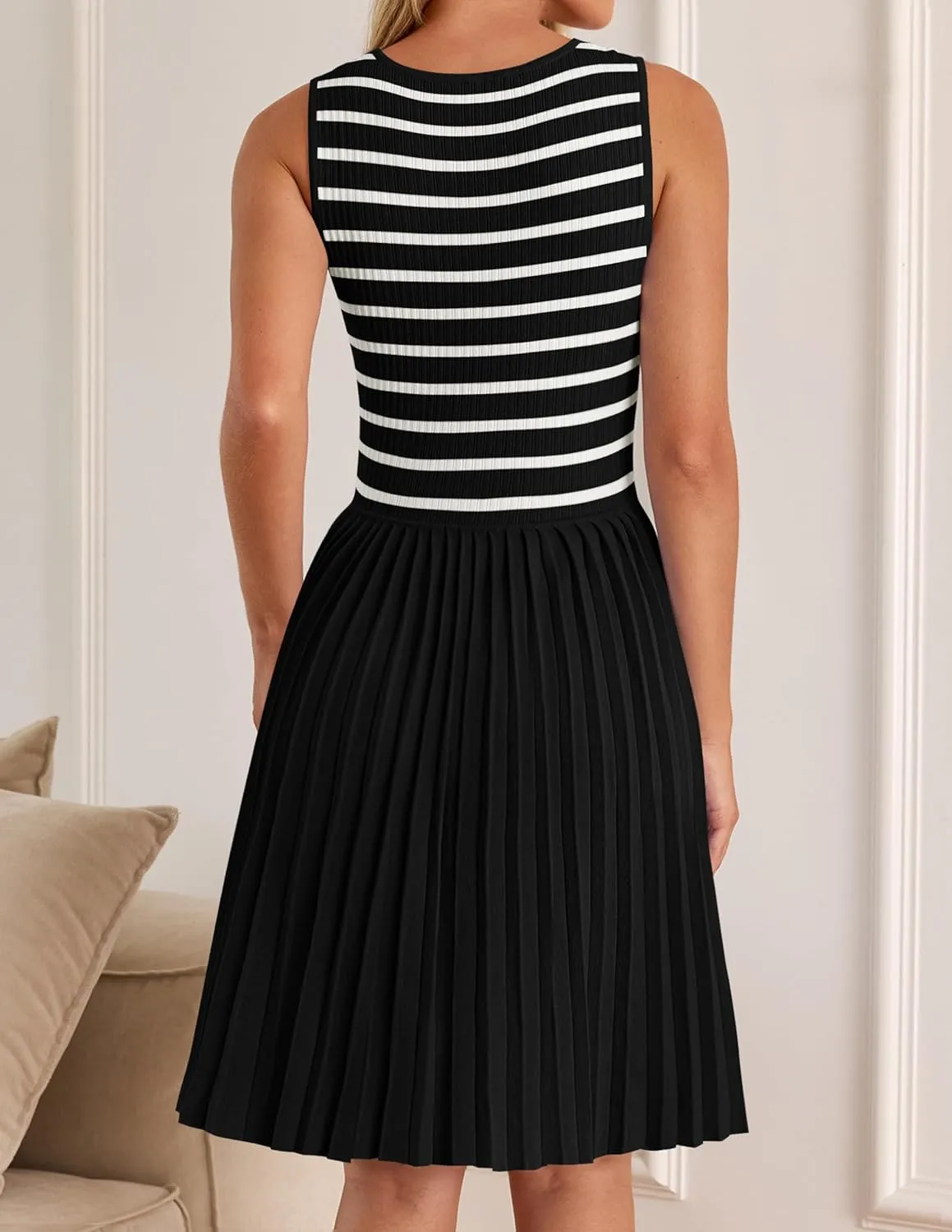 ZESICA Women's Summer Sleeveless Mini Dress 2025 Square Neck Striped Knit A Line Pleated Tank Dresses