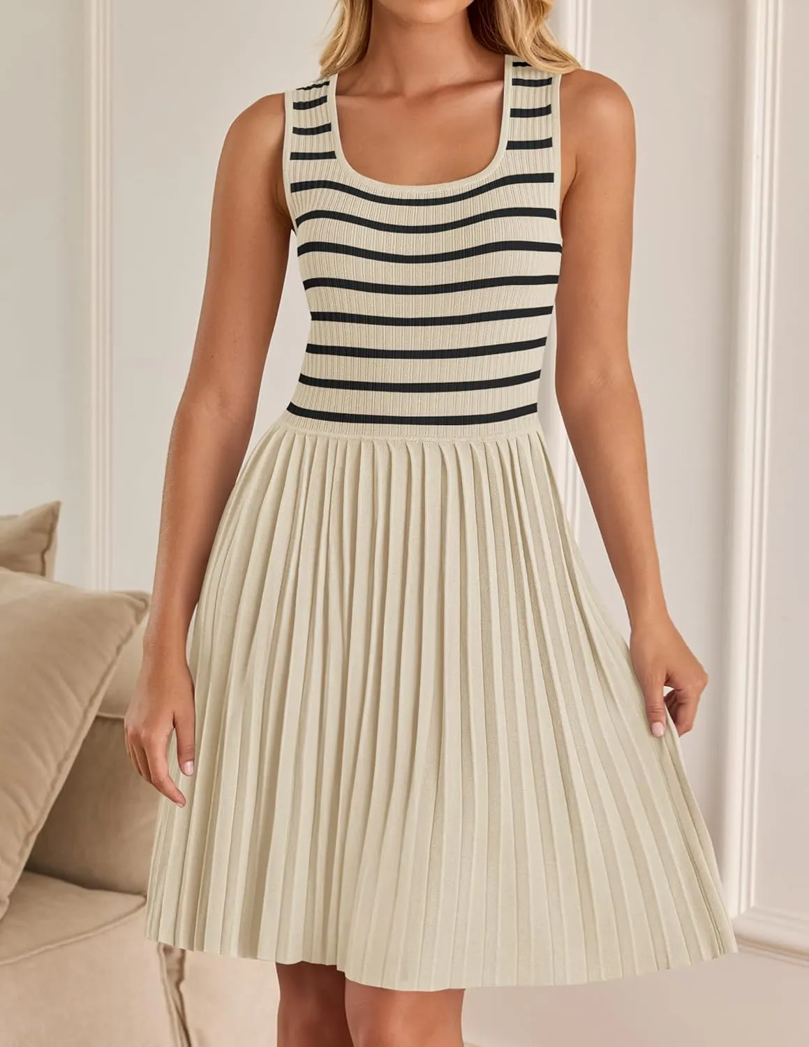 ZESICA Women's Summer Sleeveless Mini Dress 2025 Square Neck Striped Knit A Line Pleated Tank Dresses