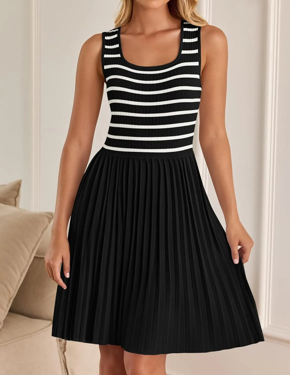 ZESICA Women's Summer Sleeveless Mini Dress 2025 Square Neck Striped Knit A Line Pleated Tank Dresses