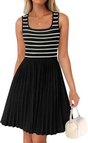 ZESICA Women's Summer Sleeveless Mini Dress 2025 Square Neck Striped Knit A Line Pleated Tank Dresses
