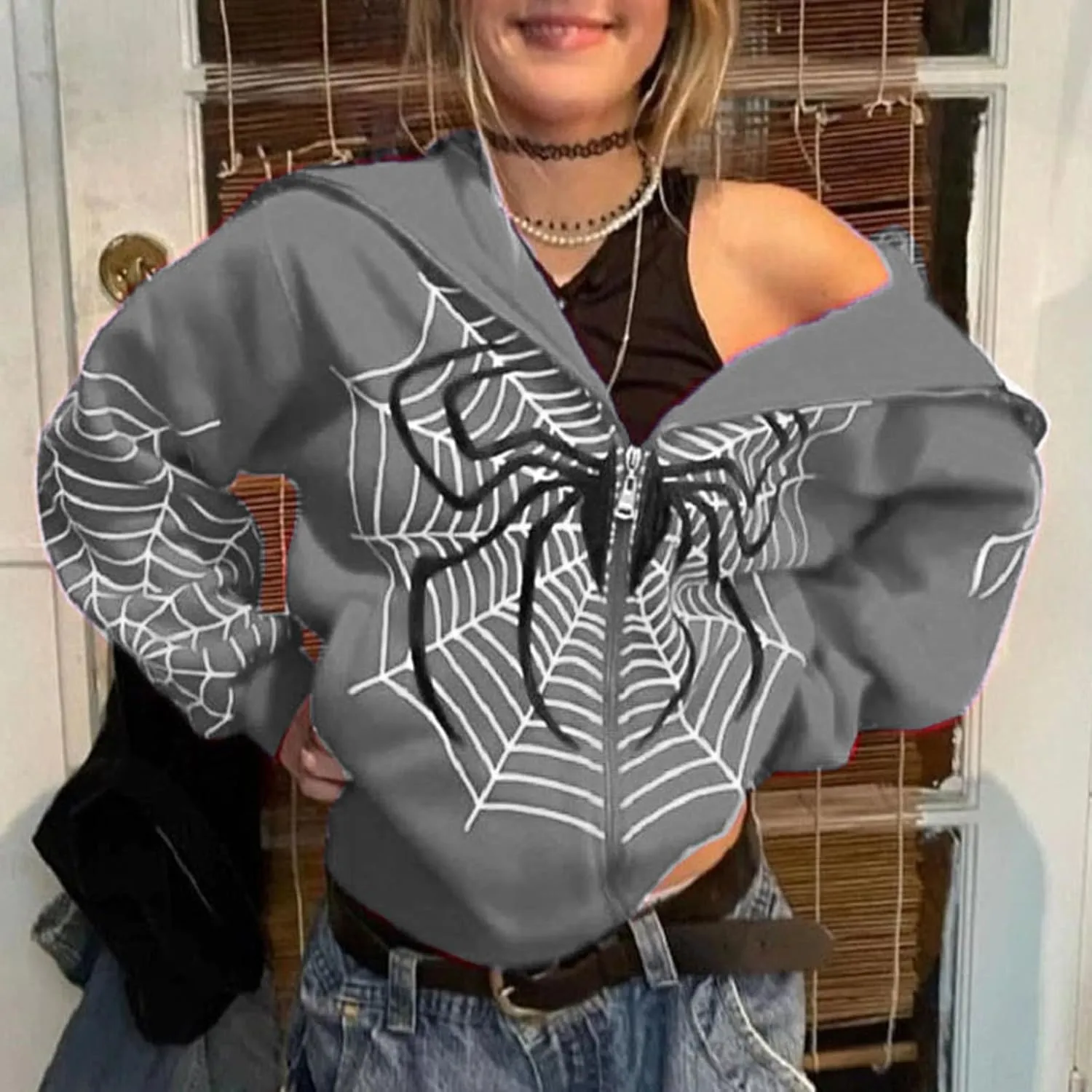 Zip Up Hoodie Women Spider Web Heart Print Graphic Sweatshirts Loose Casual Long Sleeve Hooded Jacket Top with Pocket
