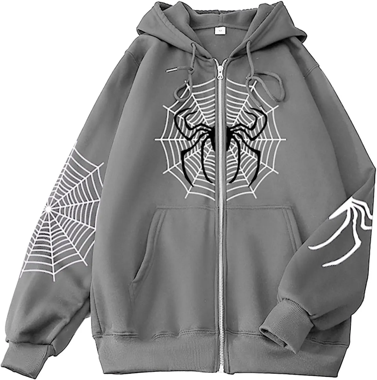 Zip Up Hoodie Women Spider Web Heart Print Graphic Sweatshirts Loose Casual Long Sleeve Hooded Jacket Top with Pocket