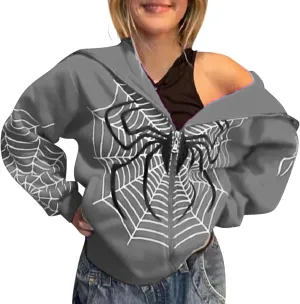 Zip Up Hoodie Women Spider Web Heart Print Graphic Sweatshirts Loose Casual Long Sleeve Hooded Jacket Top with Pocket