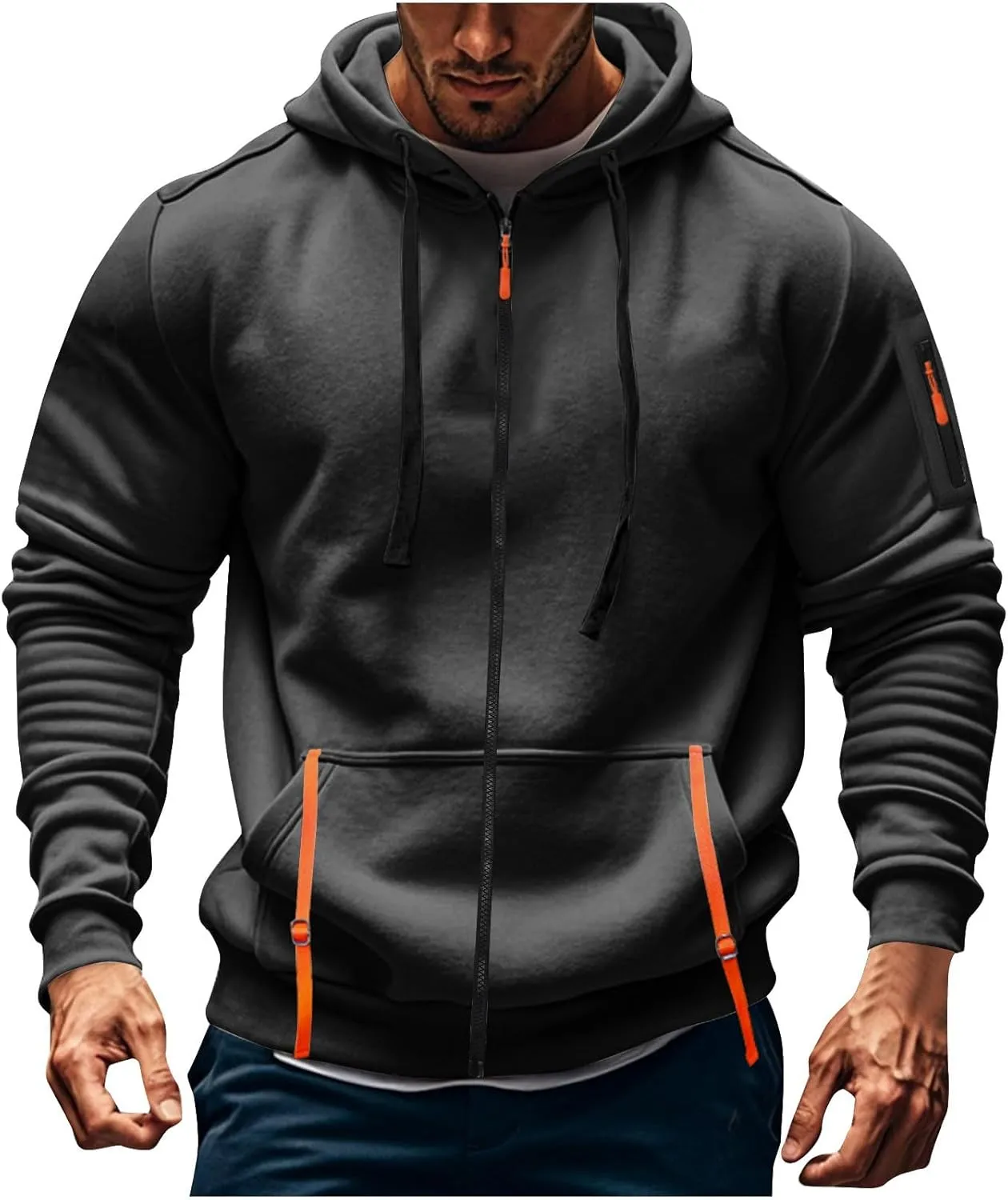 Zip Up Tactical Hoodies for Men Loose Fit Workout Fleece Jacket Big and Tall Cotton Hooded Sweatshirt with Pockets