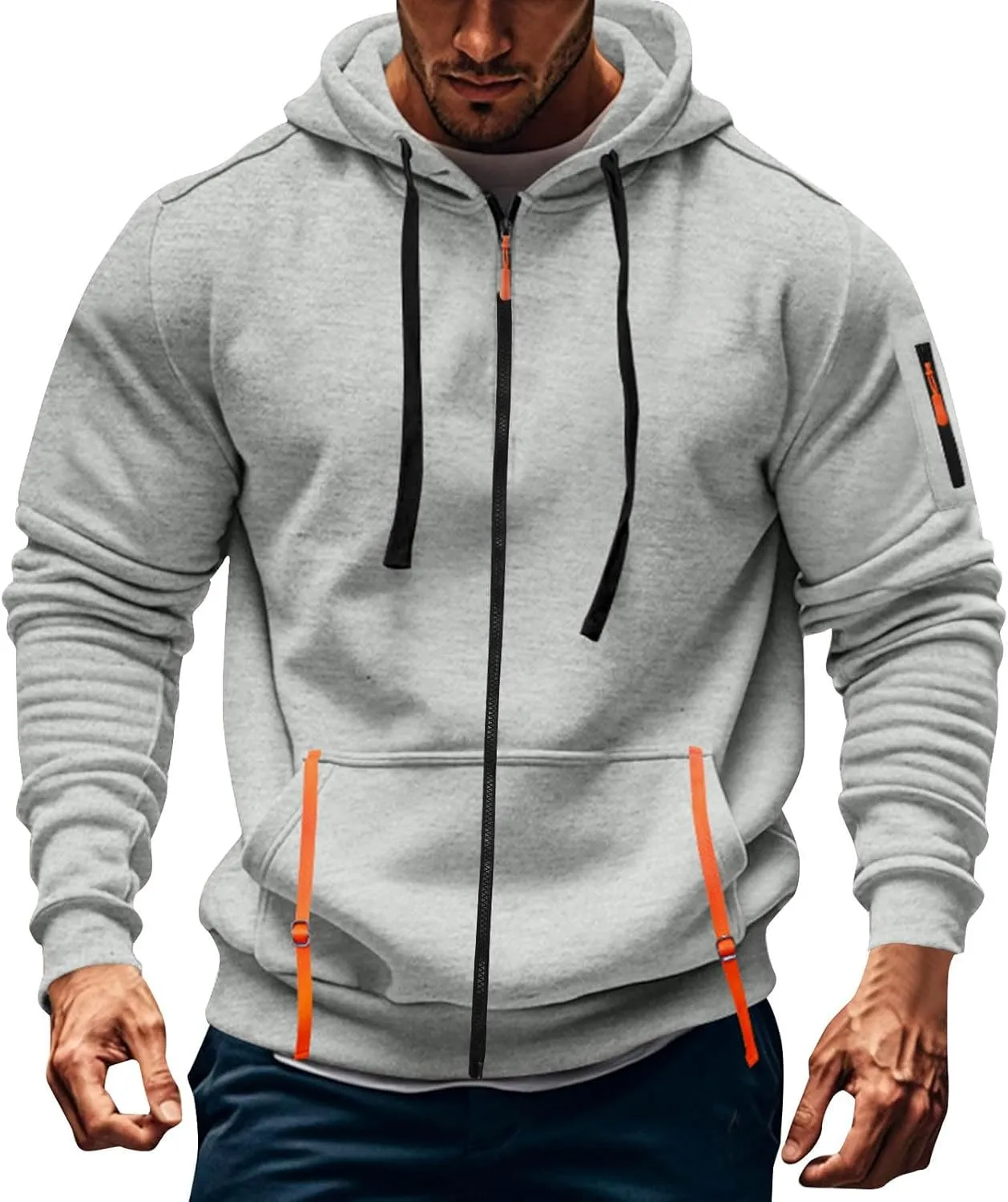 Zip Up Tactical Hoodies for Men Loose Fit Workout Fleece Jacket Big and Tall Cotton Hooded Sweatshirt with Pockets